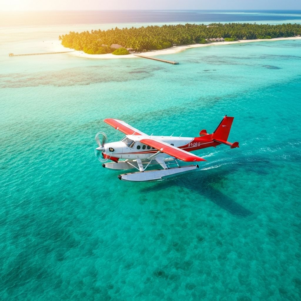 Seaplane on turquoise Maldives lagoon
